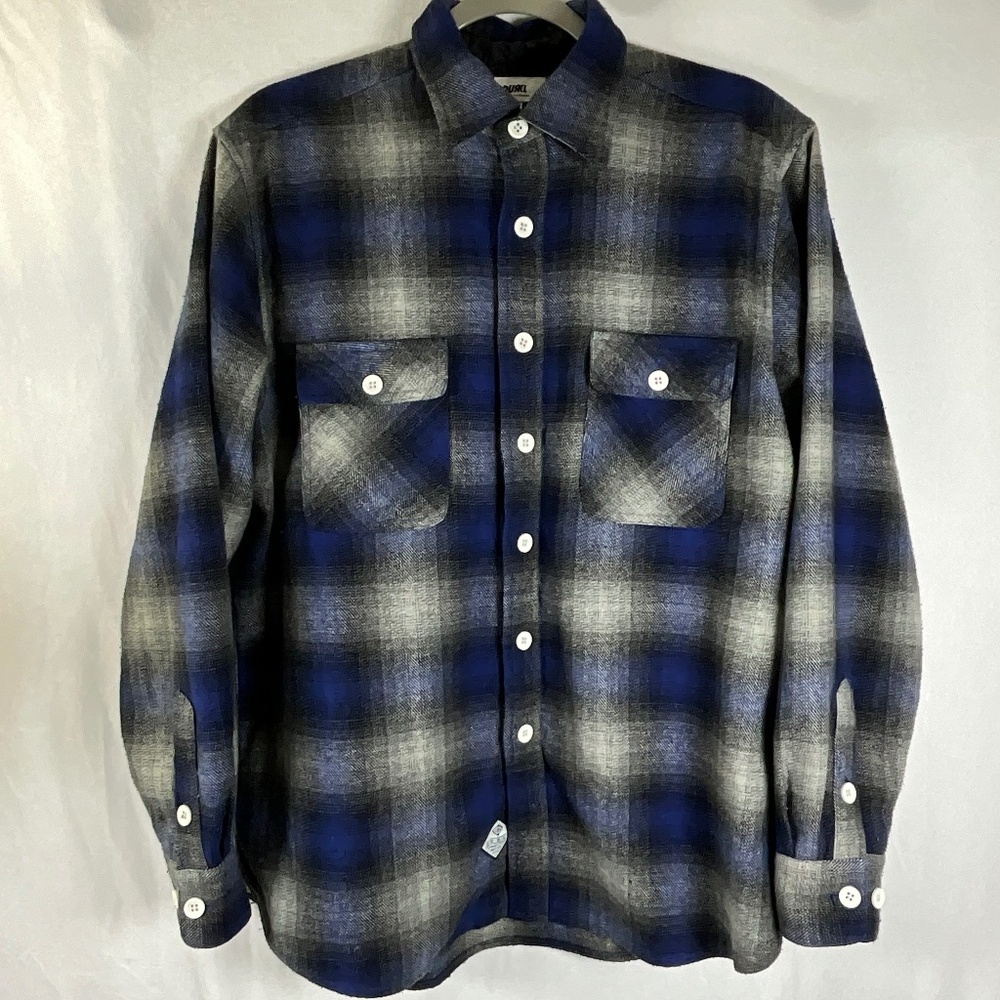 Durkl Wool Blend Plaid Shirt Jacket Blue Gray Flannel Overshirt L Mens